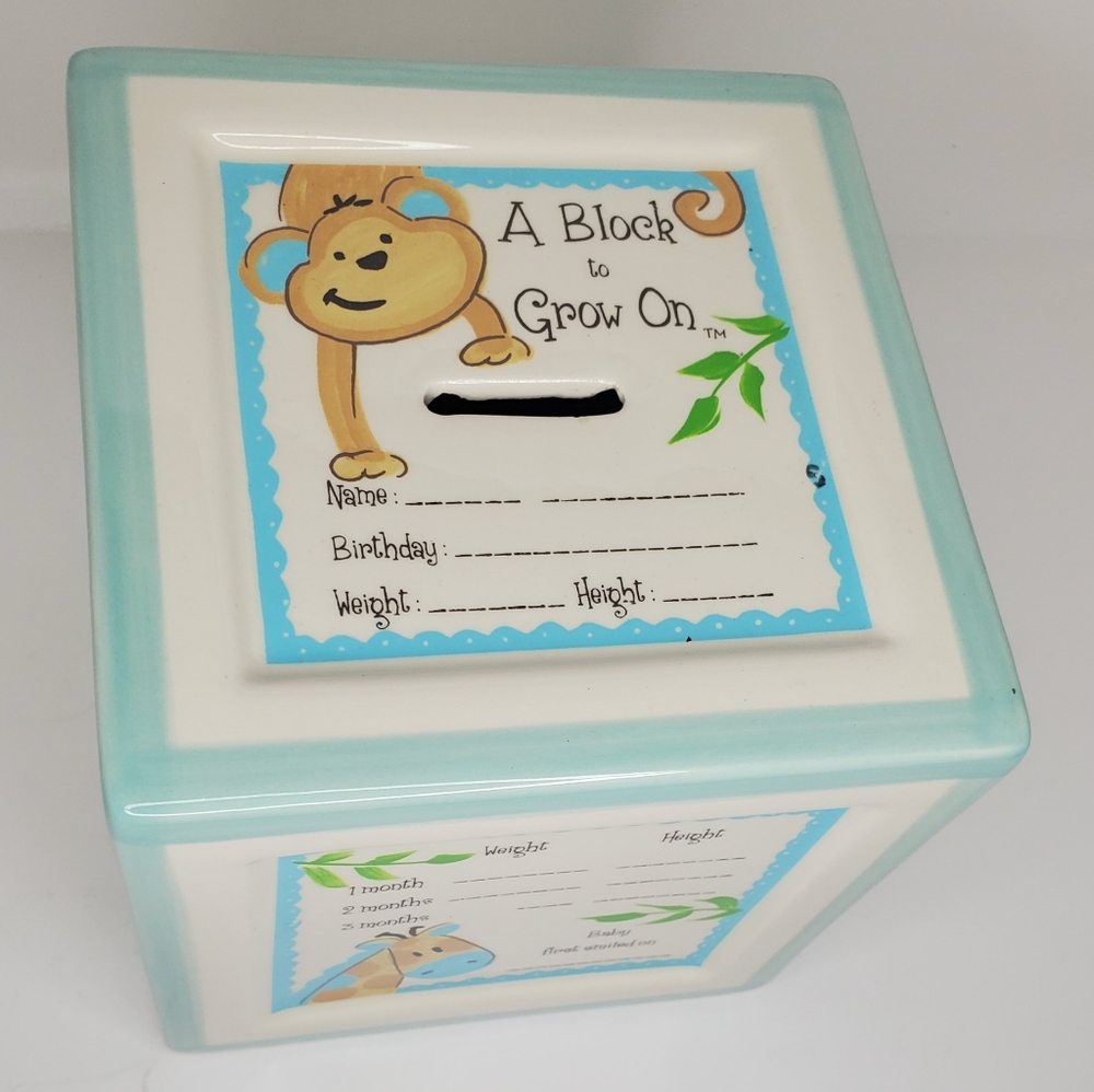 2012, " A Block To Grow On ", Jungle Themed Baby Keepsake Box Bank - New